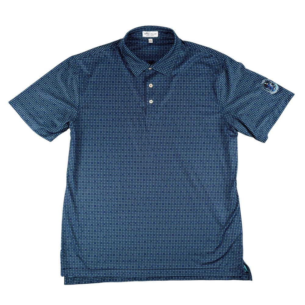 Peter Millar Polo Shirt Men L Blue Geometric Indianwood Golf Performance Comfort